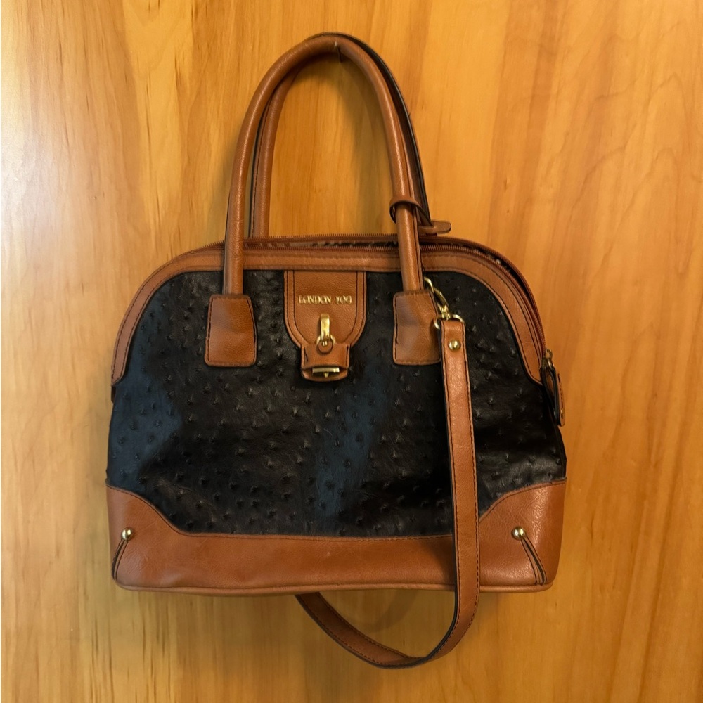 London Fog Black/Brown Leather Ostrich Style Trapezoid Double Top Handle Bag